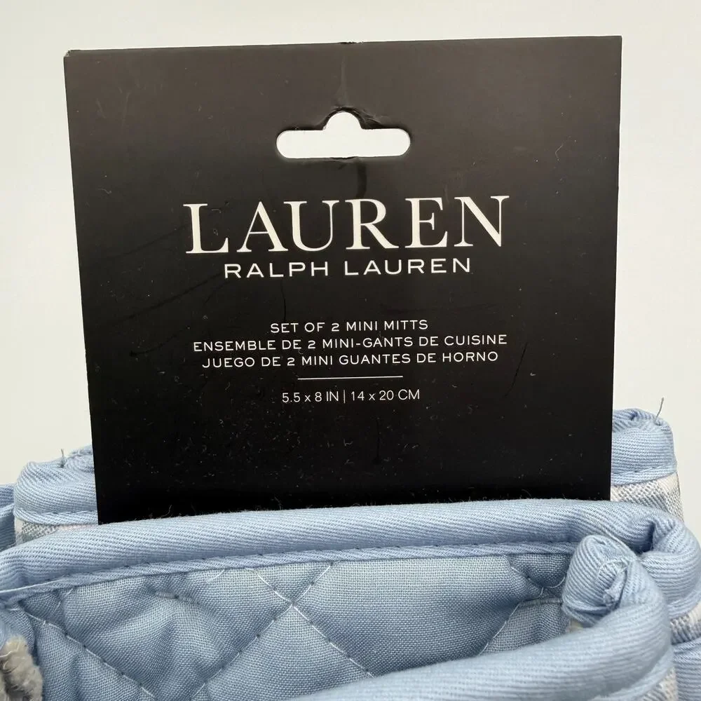 Lauren Ralph Lauren Set of 2 Mini Mitts Oven Mitt Light Blue White Gingham NWT